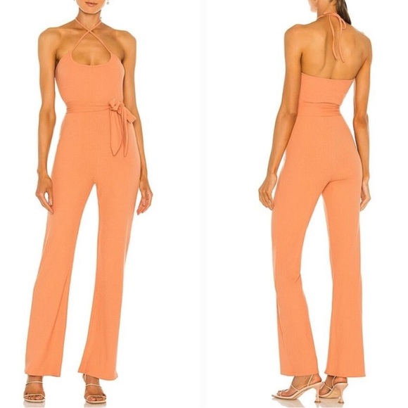 Lovers + Friends Pants - Lovers + Friends Langley Peach Halter Tie-Waist Ribbed Jumpsuit